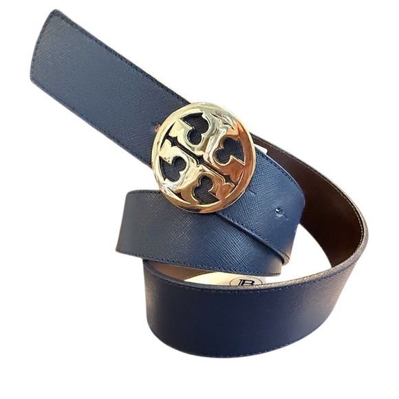 Tory Burch Accessories - NWOT Tory Burch Gold Classic T Saffiano Leather Belt 1.5” Parisian Blue M/L $300